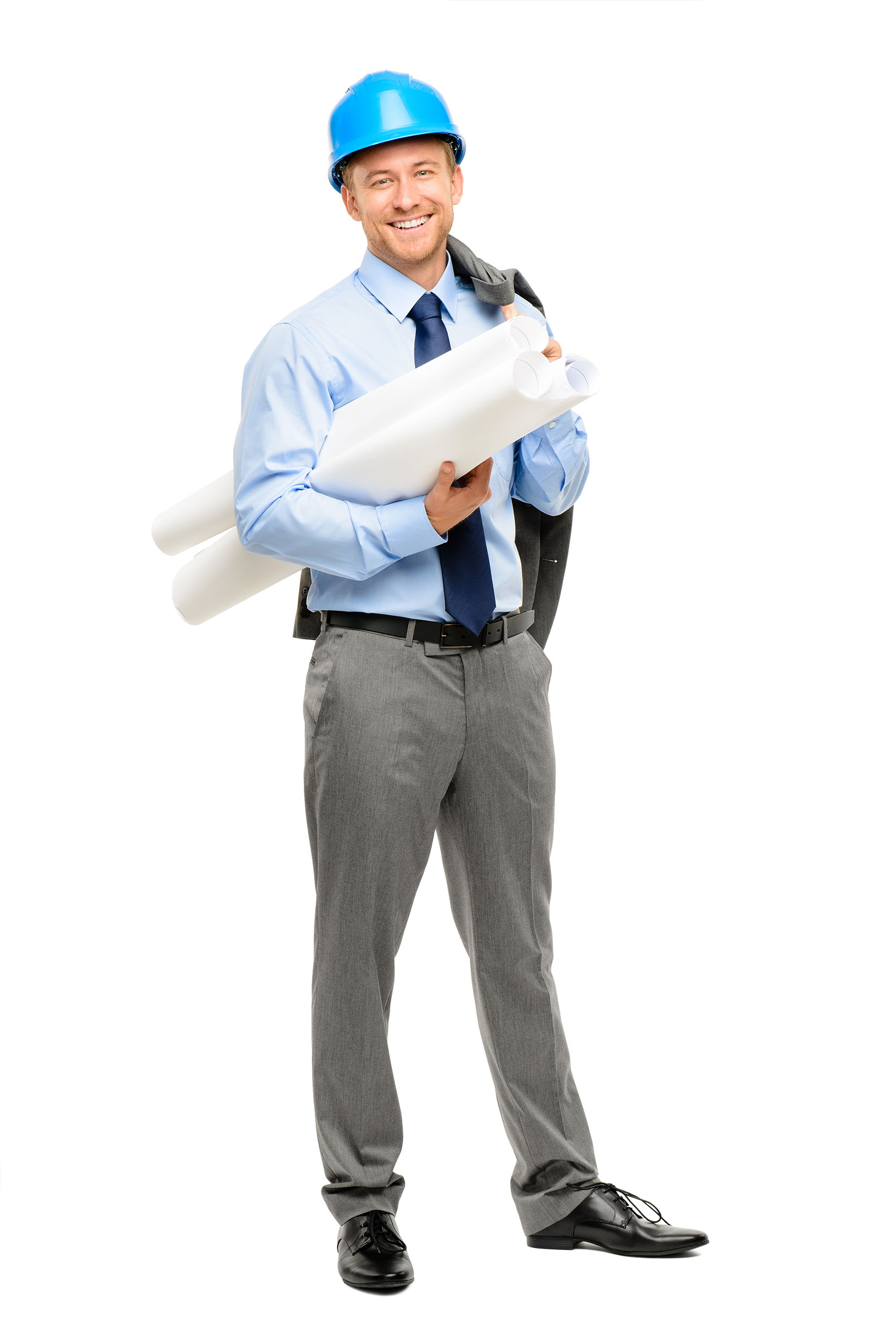 Happy young businessman architect on white background